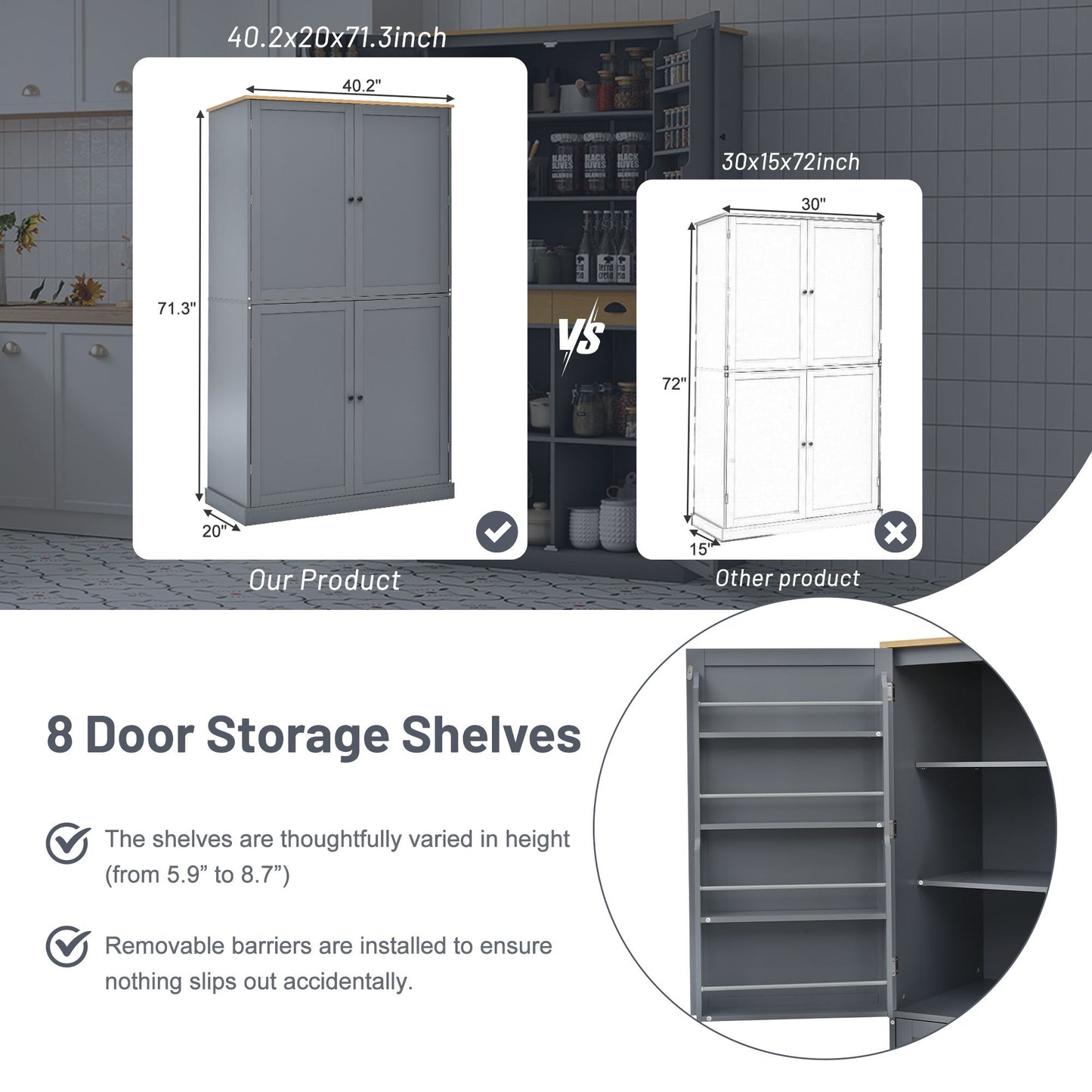 TOPMAX 40.2x20x71.3inch High Freestanding Kitchen Pantry Large Storage Cabinet with 2 Drawers, 8 Door Shelves for Kitchen, Dining Room,Gray