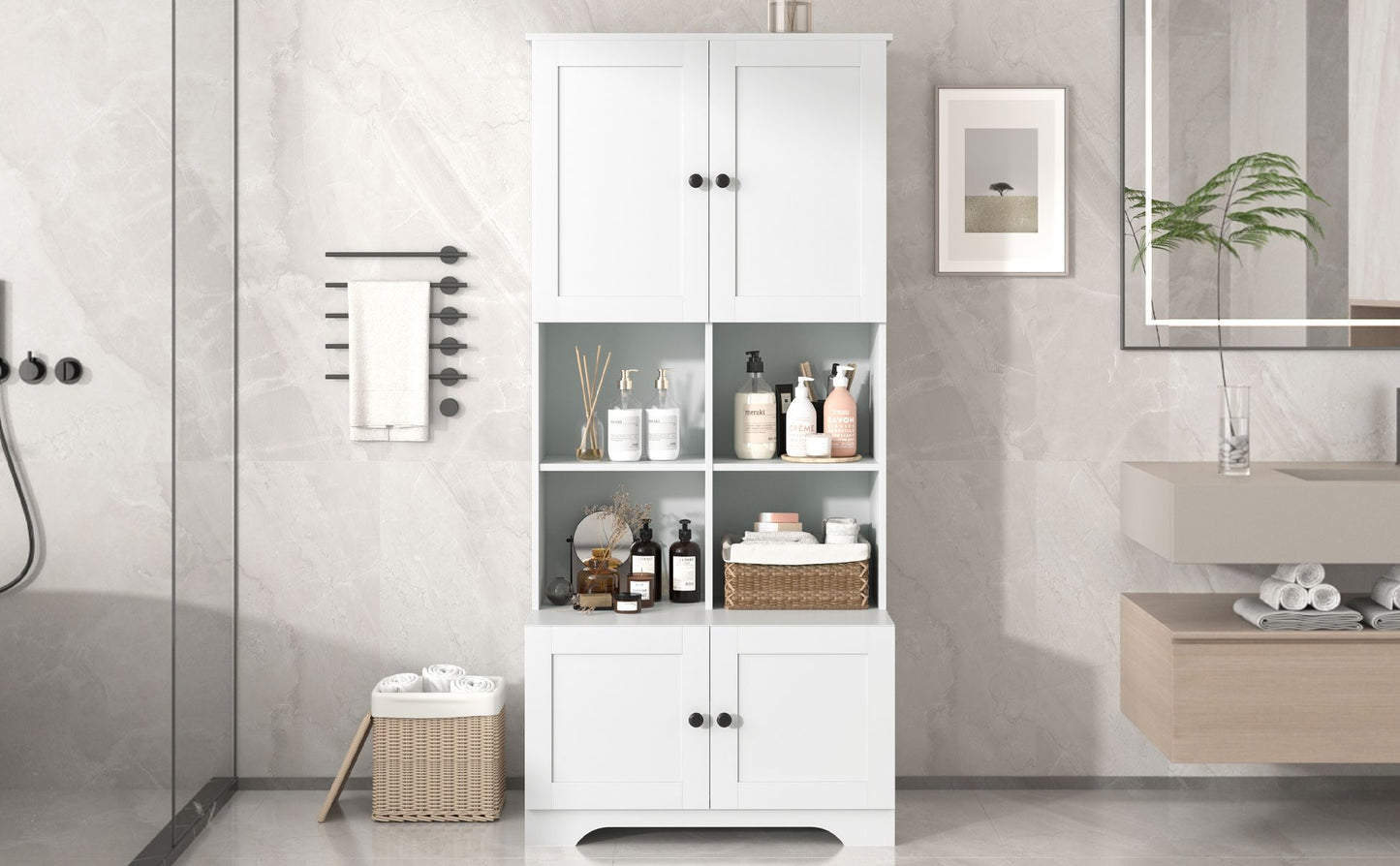 Tall and Wide Bathroom Floor Storage Cabinet, Bathroom Storage Unit, Freestanding Cabinet with 4 Doors, Adjustable Shelves, Open multi-layer Shelves