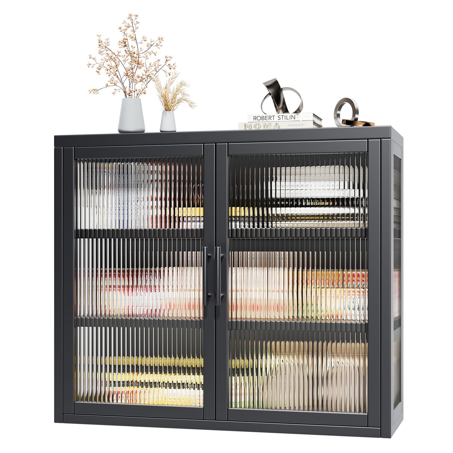 Retro Style Haze Double Glass Door Wall Cabinet With Detachable Shelves for Office, Dining Room,Living Room, Kitchen and Bathroom Black