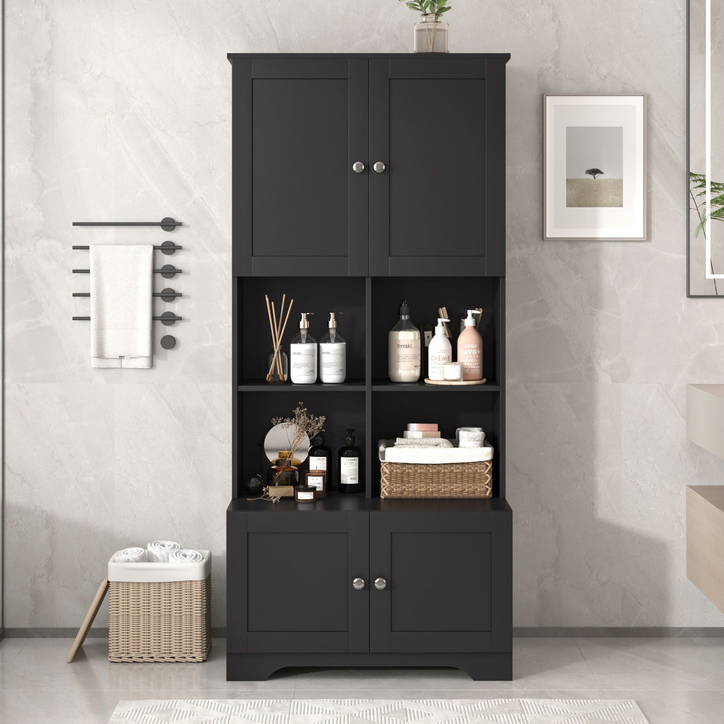 Bathroom Freestanding Cabinet with 4 Doors, Open multi-layer Shelves, Black