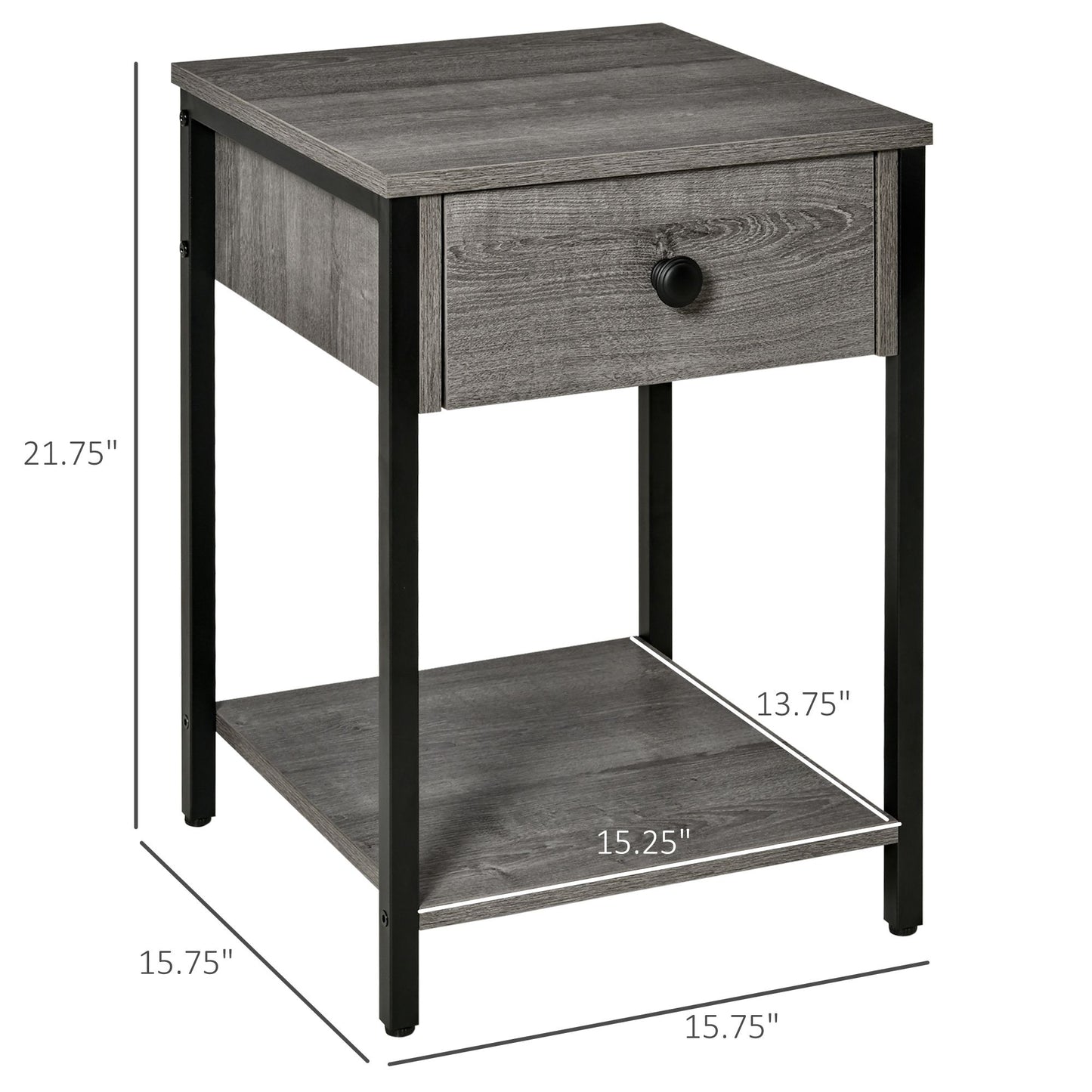 Industrial End Table with Storage Shelf, Accent Side Table with Drawer, Grey