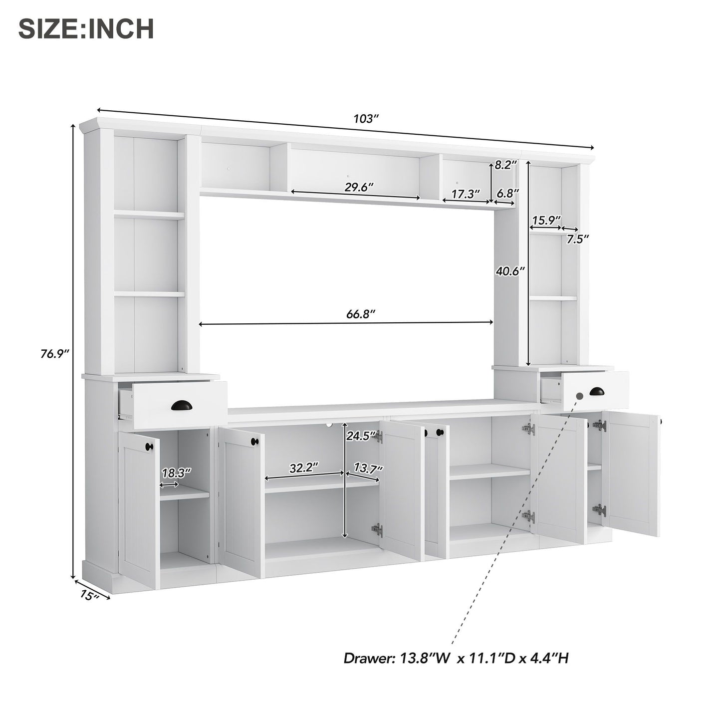 ON-TREND Minimalist Entertainment Wall Unit Set with Bridge for TVs Up to 75'', Modernist Large Media Console for Living Room, White