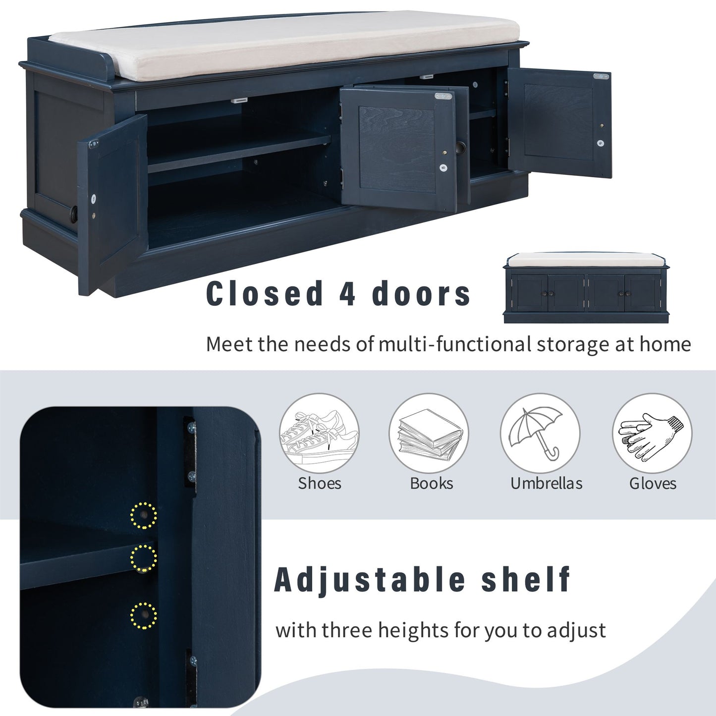 Storage Bench with 4 Doors and Adjustable Shelves,Shoe Bench with Removable Cushion for Living Room,Entryway