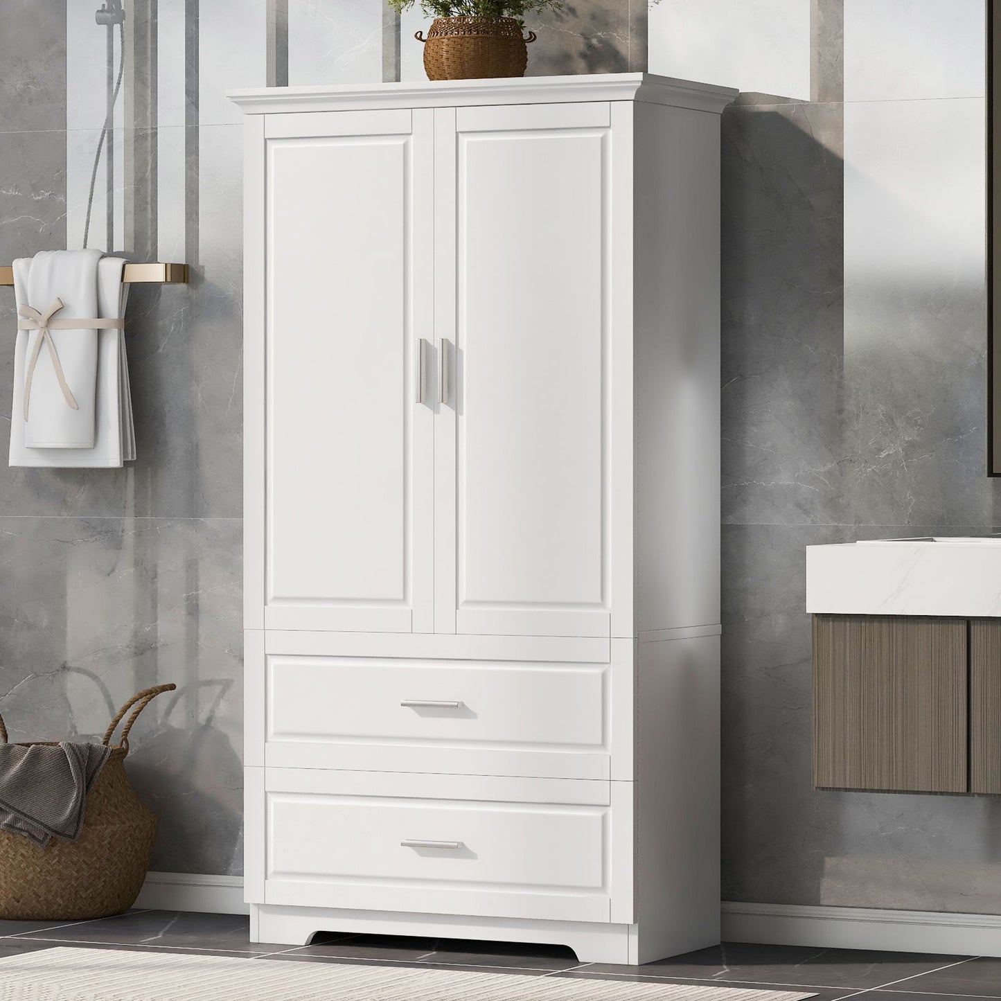 Tall Bathroom Storage Cabinet, Cabinet with Two Doors and Drawers, Adjustable Shelf, MDF Board, White