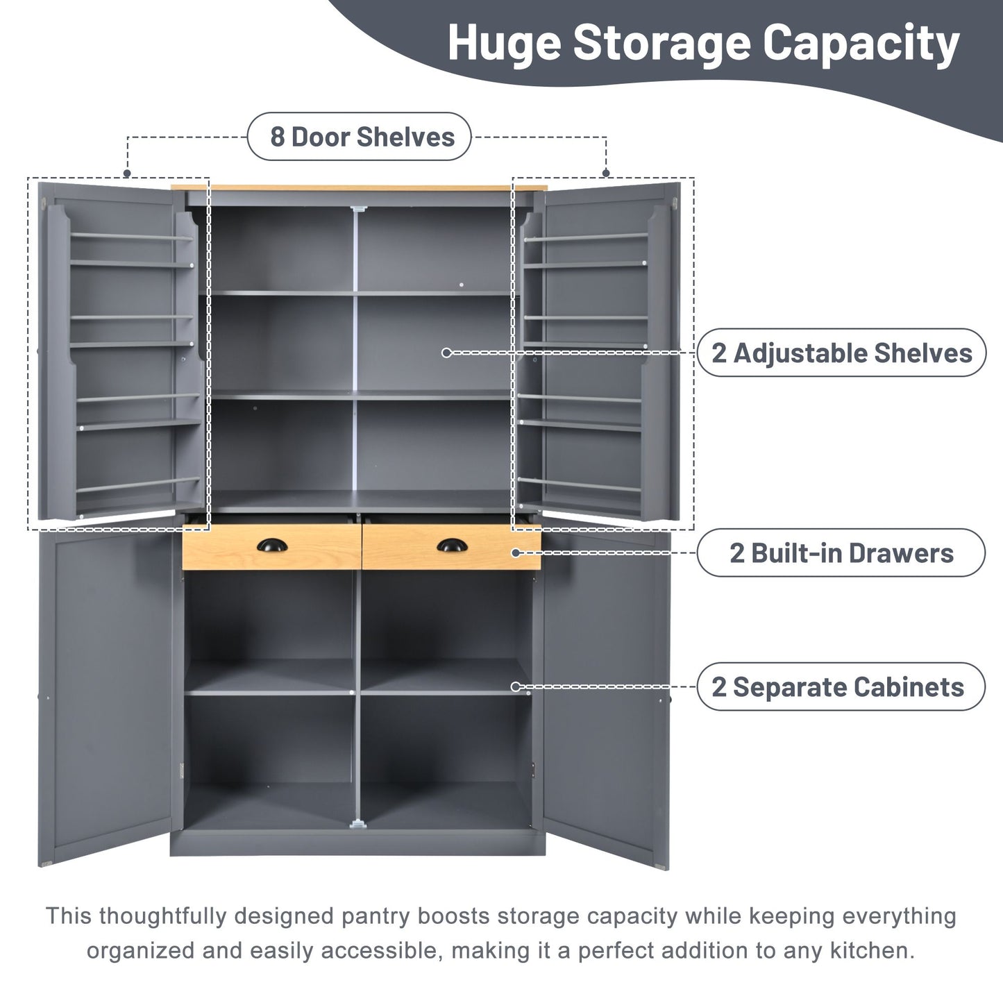 TOPMAX 40.2x20x71.3inch High Freestanding Kitchen Pantry Large Storage Cabinet with 2 Drawers, 8 Door Shelves for Kitchen, Dining Room,Gray