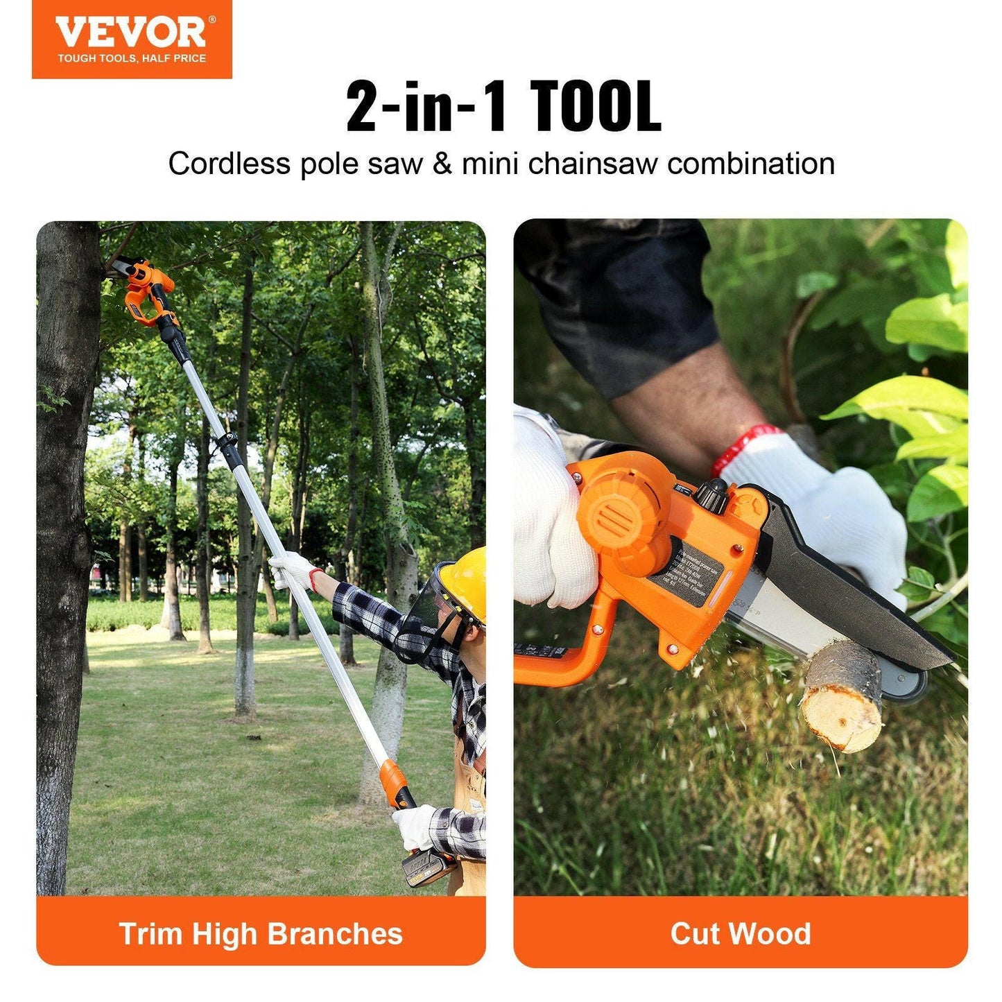 VEVOR 2-in-1 Cordless Pole Saw & Mini Chainsaw, 20V 4Ah Battery Pole Chainsaw, 5" Cutting Capacity 8 ft Reach Pole Saw for Branch Cutting & Tree Trimming (Battery and Blade Cover Included).