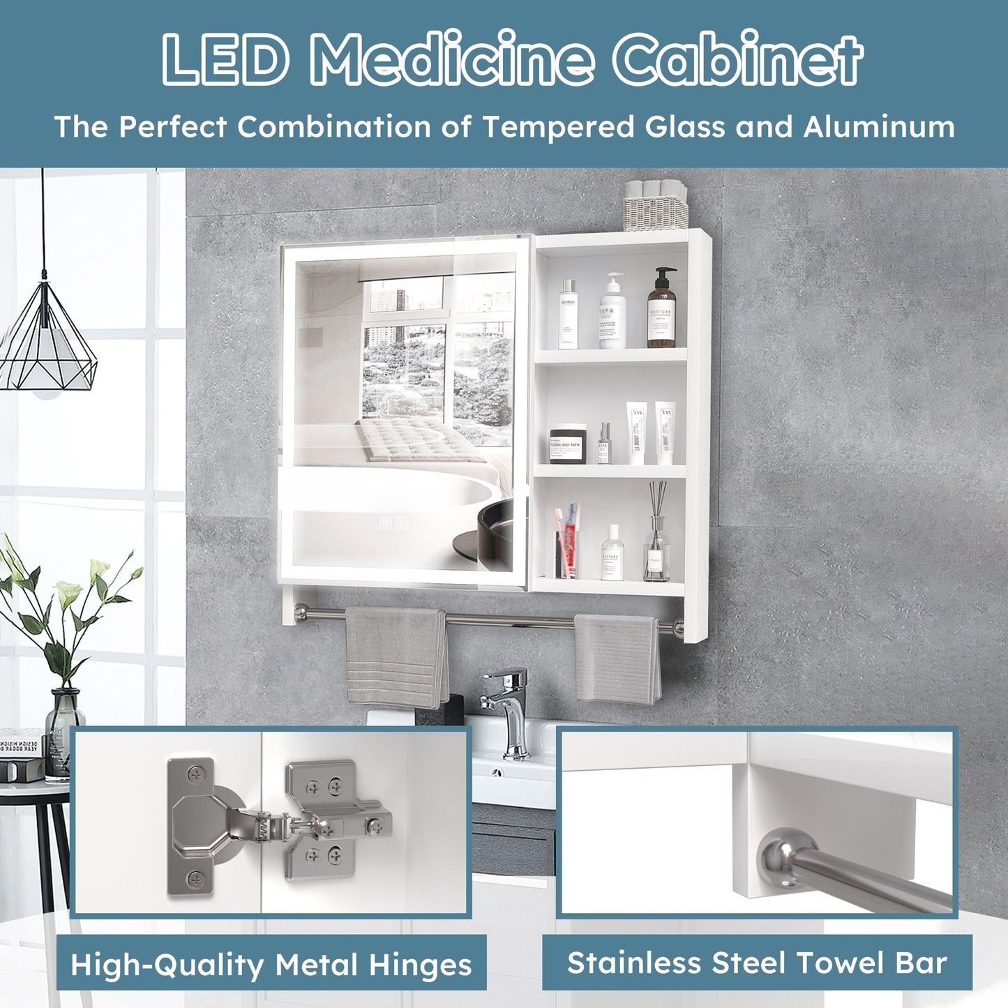 Modern 32x28inches bathroom cabinets, medicine cabinets with mirrors and LED lights, and towel rails