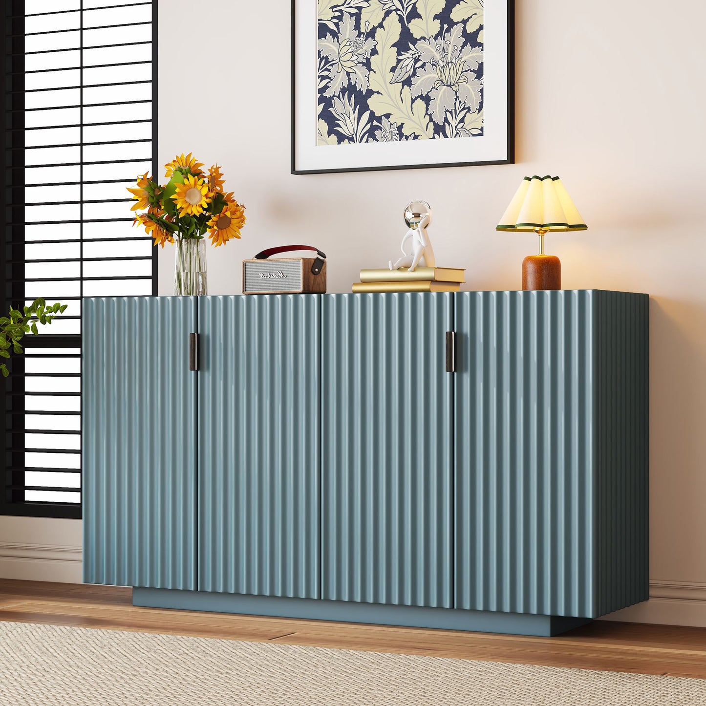 TREXM 4 Doors Storage Sideboard with Adjustable Shelves and Retro Copper Handles for Home, ANTIQUE BLUE