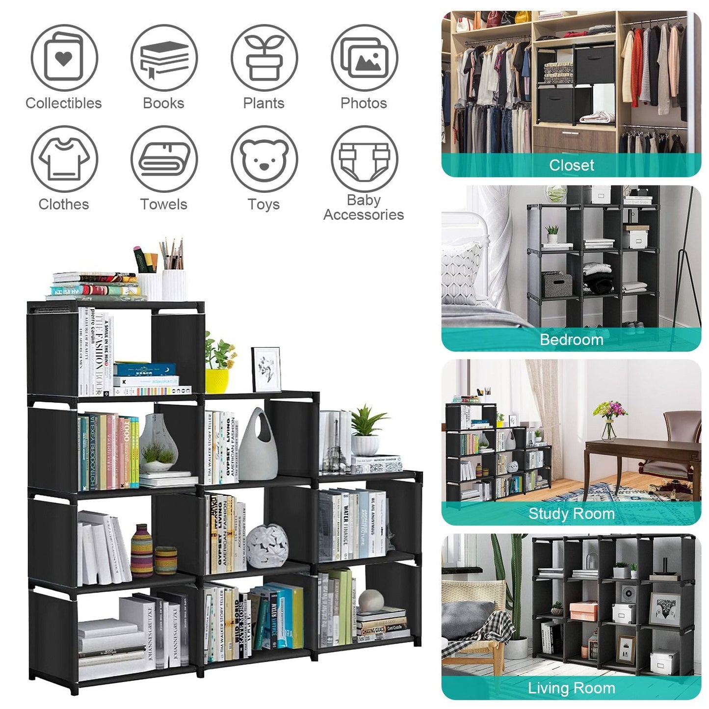 Cube Storage Organizer 9 Cubes Closet Shelves Cabinet Bookcase Non-Woven Fabric Cube Shelf for Living Room Bedroom Office