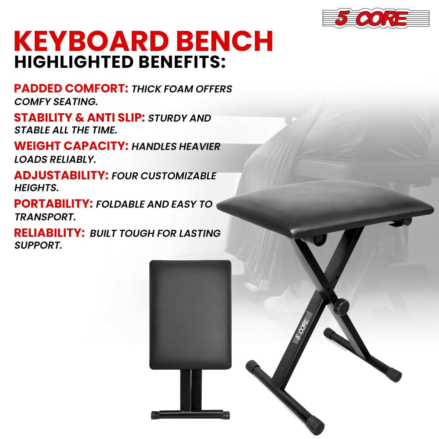 5 CORE Keyboard Bench Pair X Style Piano Stool Thick Padded 12 to 18.5 inch Adjustable Keyboards Chair Black KBB02BLK.