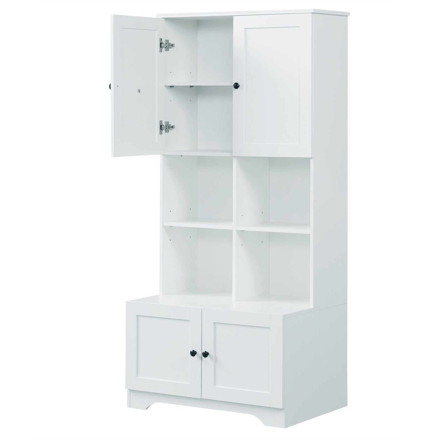 Bathroom Floor Storage Cabinet, Bathroom Storage Unit, Freestanding Cabinet with 4 Doors, Adjustable Shelves, Open multi-layer Shelves, White