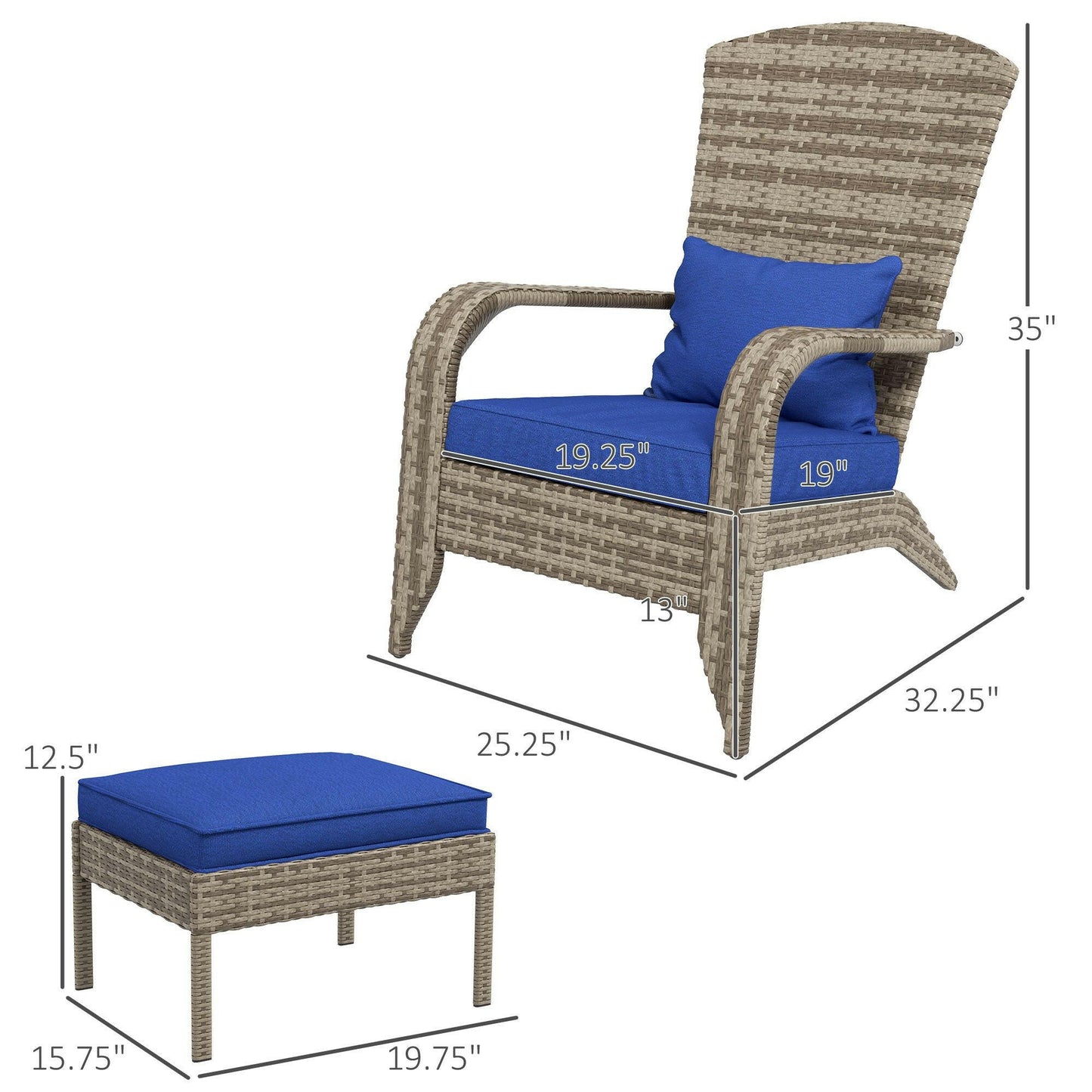 Outsunny Patio Wicker Adirondack Chair with Ottoman, Outdoor Fire Pit Chair with Cushions, High-Back, Large Seat & Armrests for Deck, Garden & Backyard, Dark Blue.