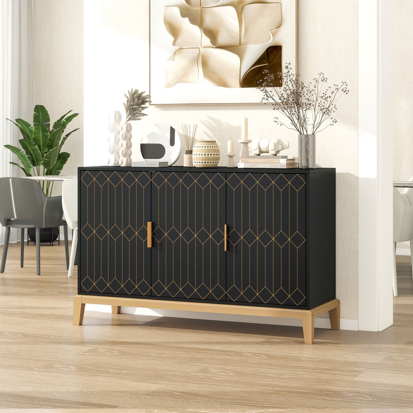 Carved Line 3 Door Storage Cabinet ,Sideboard Buffet Cabinet With Adjustable Shelf,Large Storage Accent Cabinet