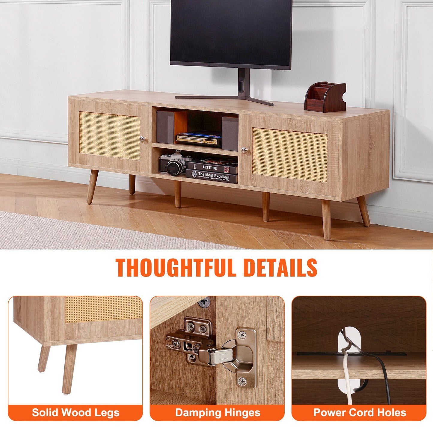 VEVOR Rattan Mid Century Modern TV Stand for 65 inch with Built-in Socket and USB Ports, Adjustable Shelves, Oak