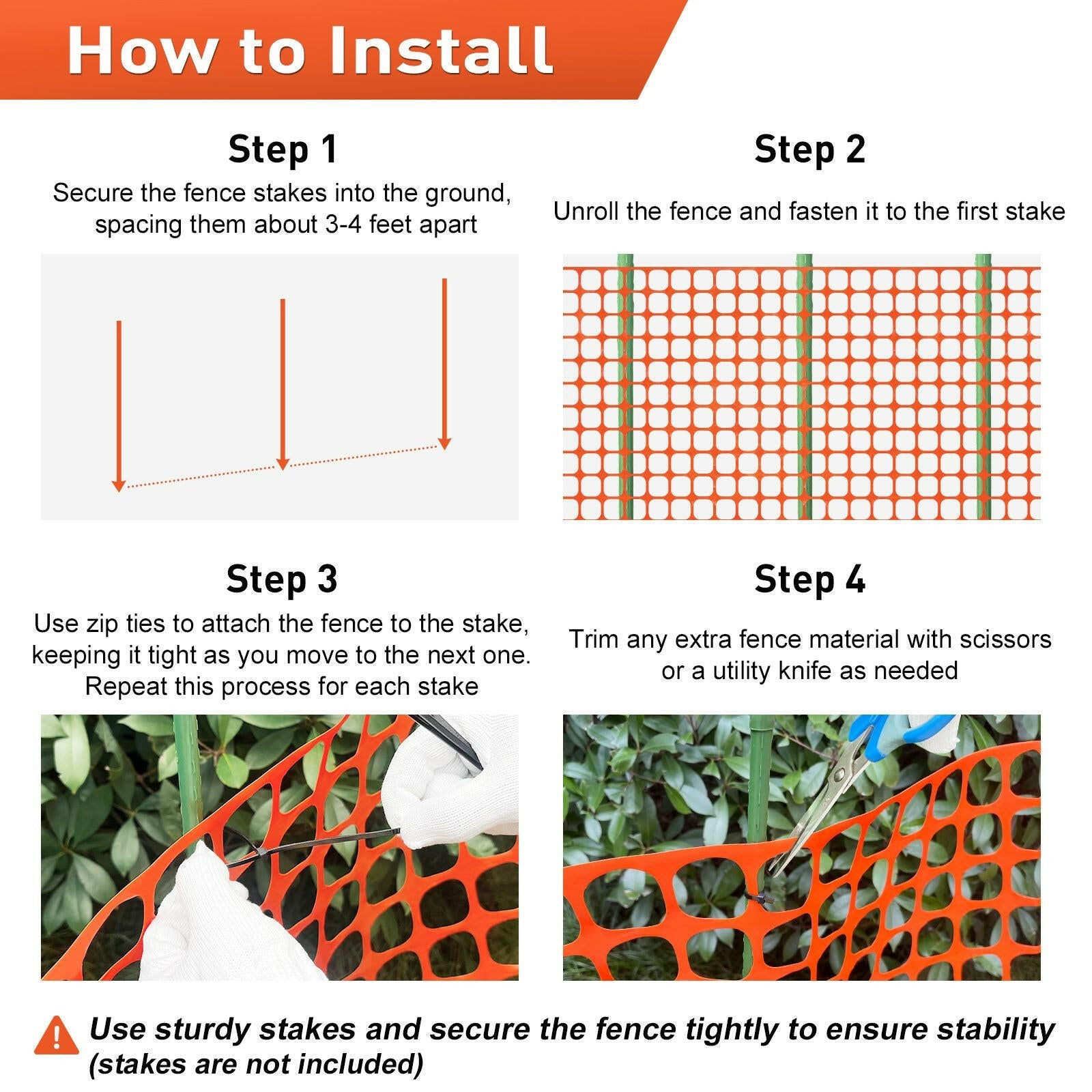 Safety Fence 4'x100' with 100 Zip Ties, Plastic Mesh Fencing Roll, Temporary Reusable Netting for Snow Fence, Garden, Construction and Animal Barrier.