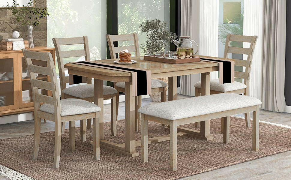 TREXM 6-Piece Rubber Wood Dining Table Set with Beautiful Wood Grain Pattern Tabletop Solid Wood Veneer and Soft Cushion (Natural Wood Wash).