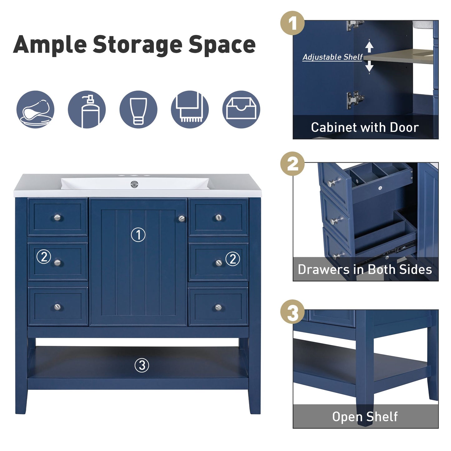 36" Bathroom Vanity without Sink, Cabinet Base Only, One Cabinet and three Drawers