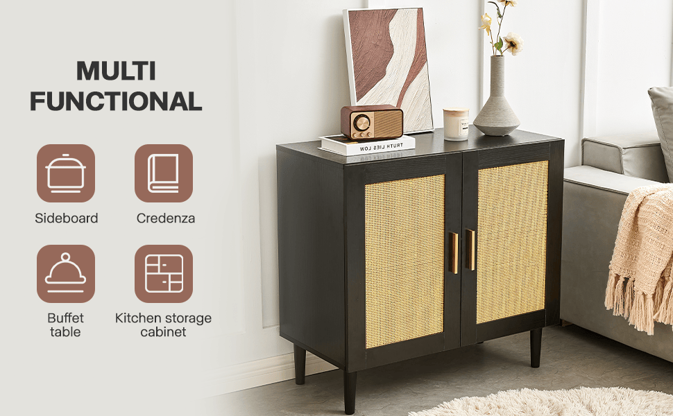 Rattan Side panel buffet cabinet with adjustable shelves, modern console for home