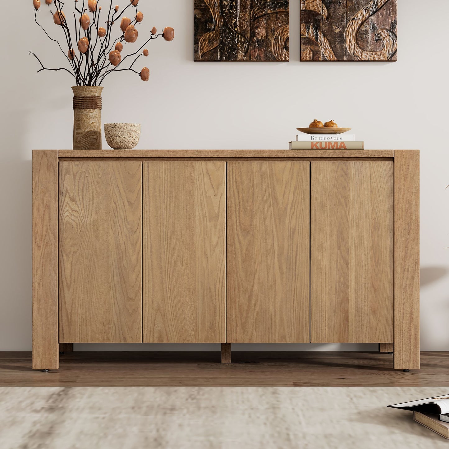 Retro 4-door Sideboard with Distressed Finish and Adjustable Shelves for Dining Room,Kitchen,and Living Room