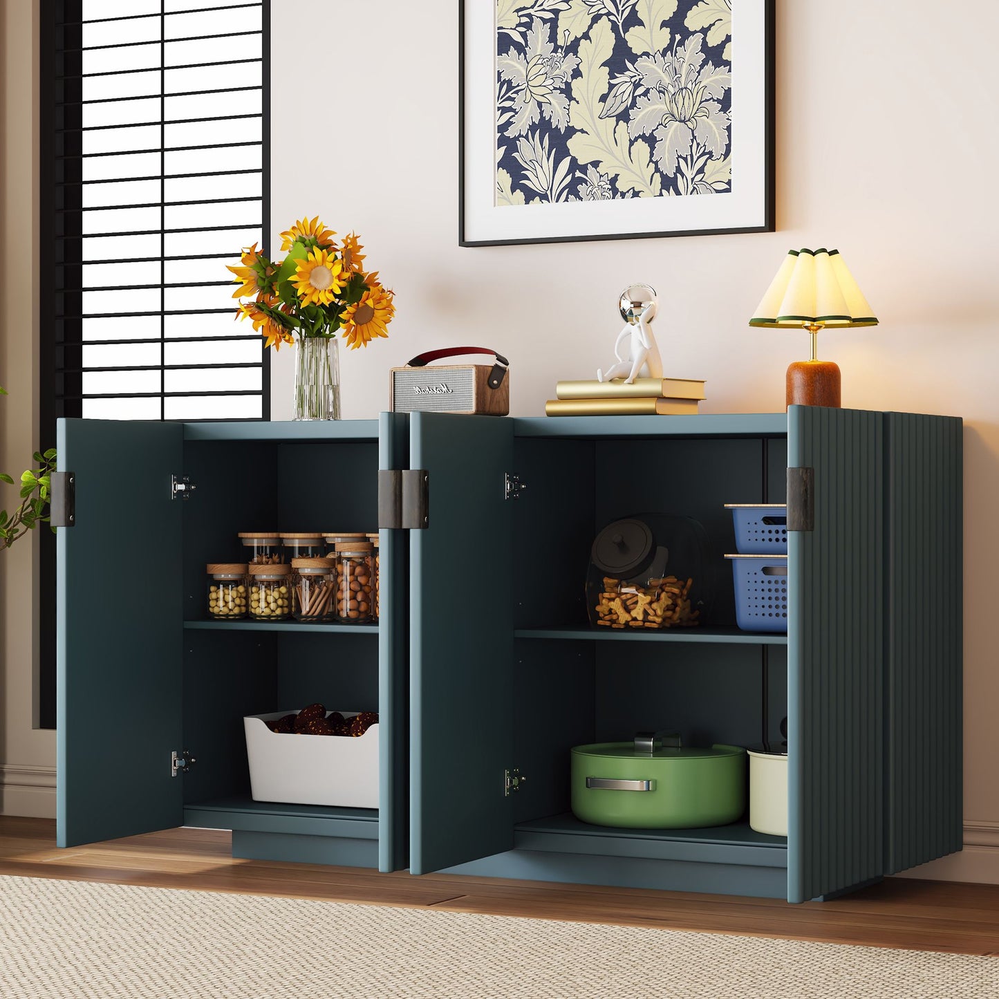 4 Wavy Doors Ample Storage Space Sideboard with Adjustable Shelves and Retro Copper Handles for Dining Room and Living Room