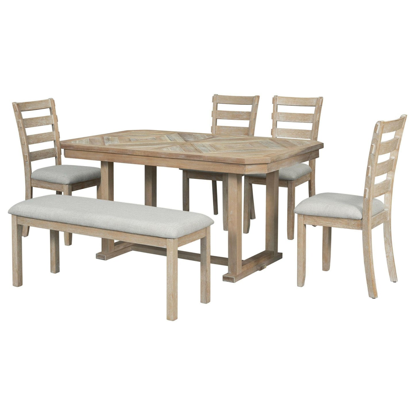 TREXM 6-Piece Rubber Wood Dining Table Set with Beautiful Wood Grain Pattern Tabletop Solid Wood Veneer and Soft Cushion (Natural Wood Wash).