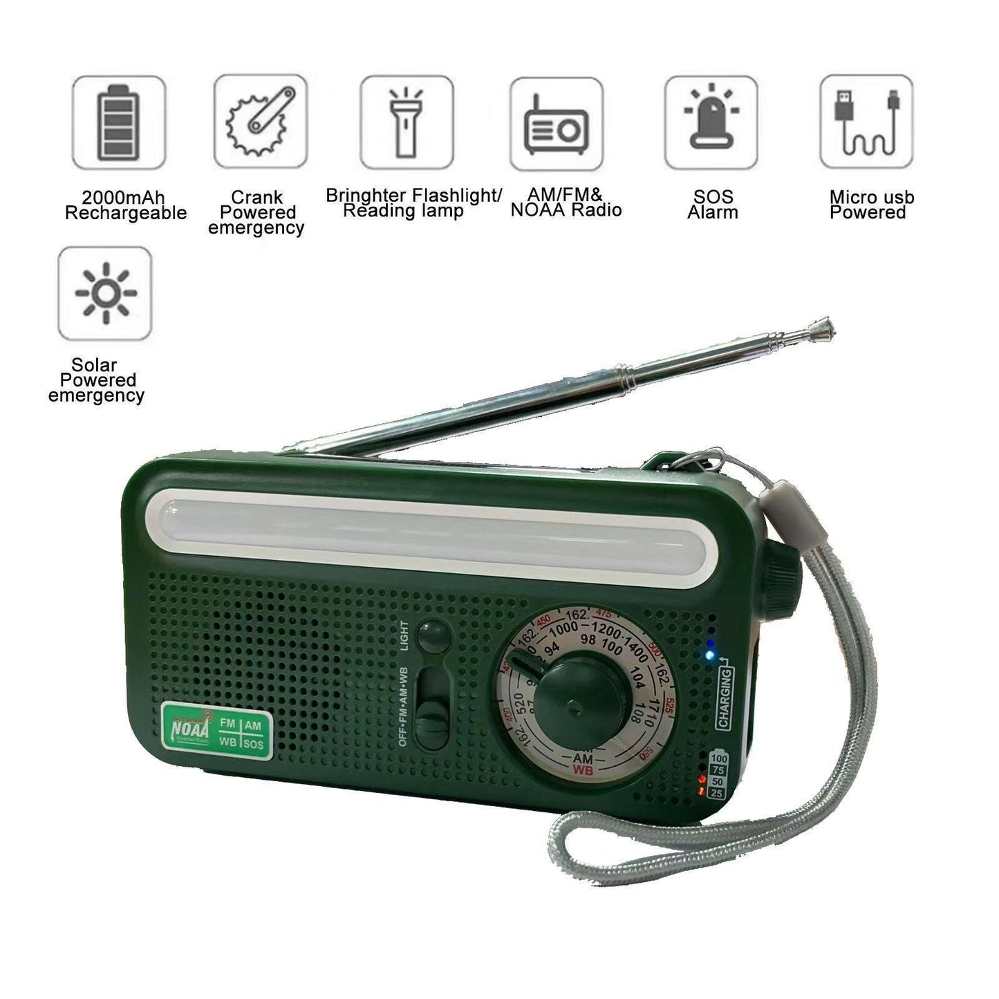 Emergency Radio Hand Crank Solar; Portable Weather Radio With AM/FM/WB/NOAA; Bright Flashlight; SOS Alarm; Reading Lamp; 2000mAh Cell Phone Charger For Outdoor Survival Camping Home.