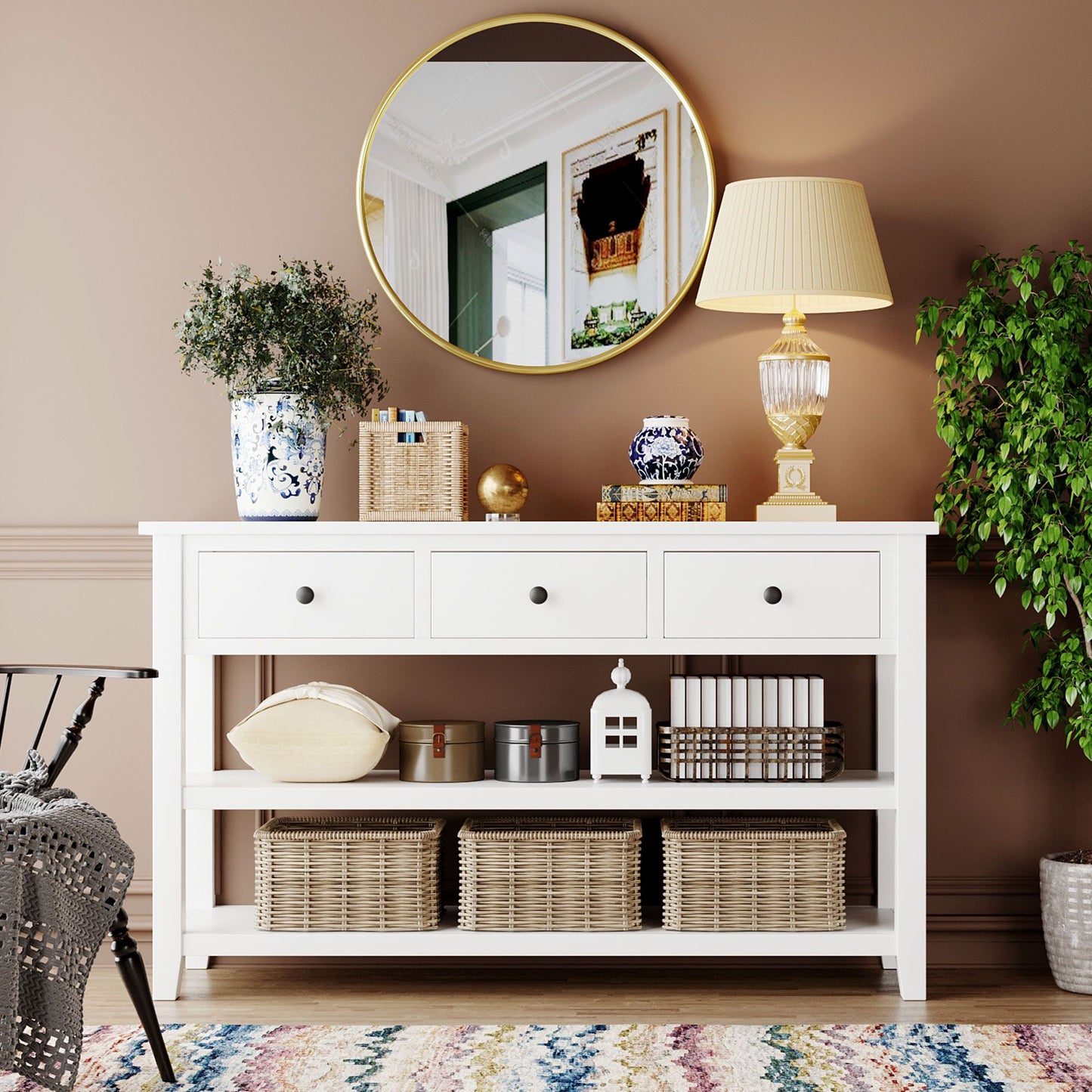 TREXM Retro Design Console Table with Two Open Shelves, Pine Solid Wood Frame and Legs for Living Room (Antique White)