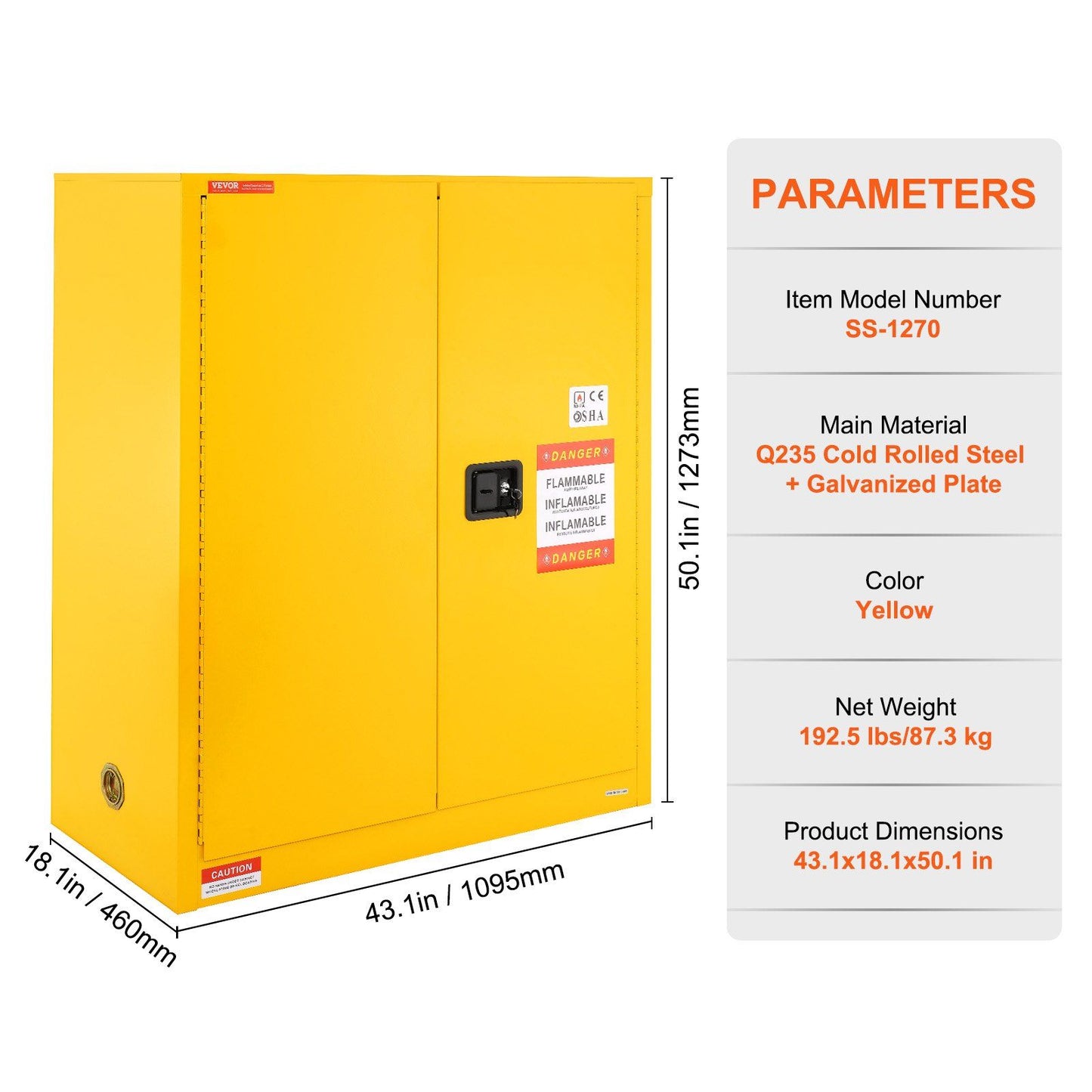 VEVOR Flammable Storage Cabinet 30 Gal, 43.1x18.1x50.1 inch Cold-Rolled Steel Flammable Liquid Storage Cabinet Explosion Proof with 1 Adjustable Shelf 2 Manual Closing Doors for Industrial Use, Yellow