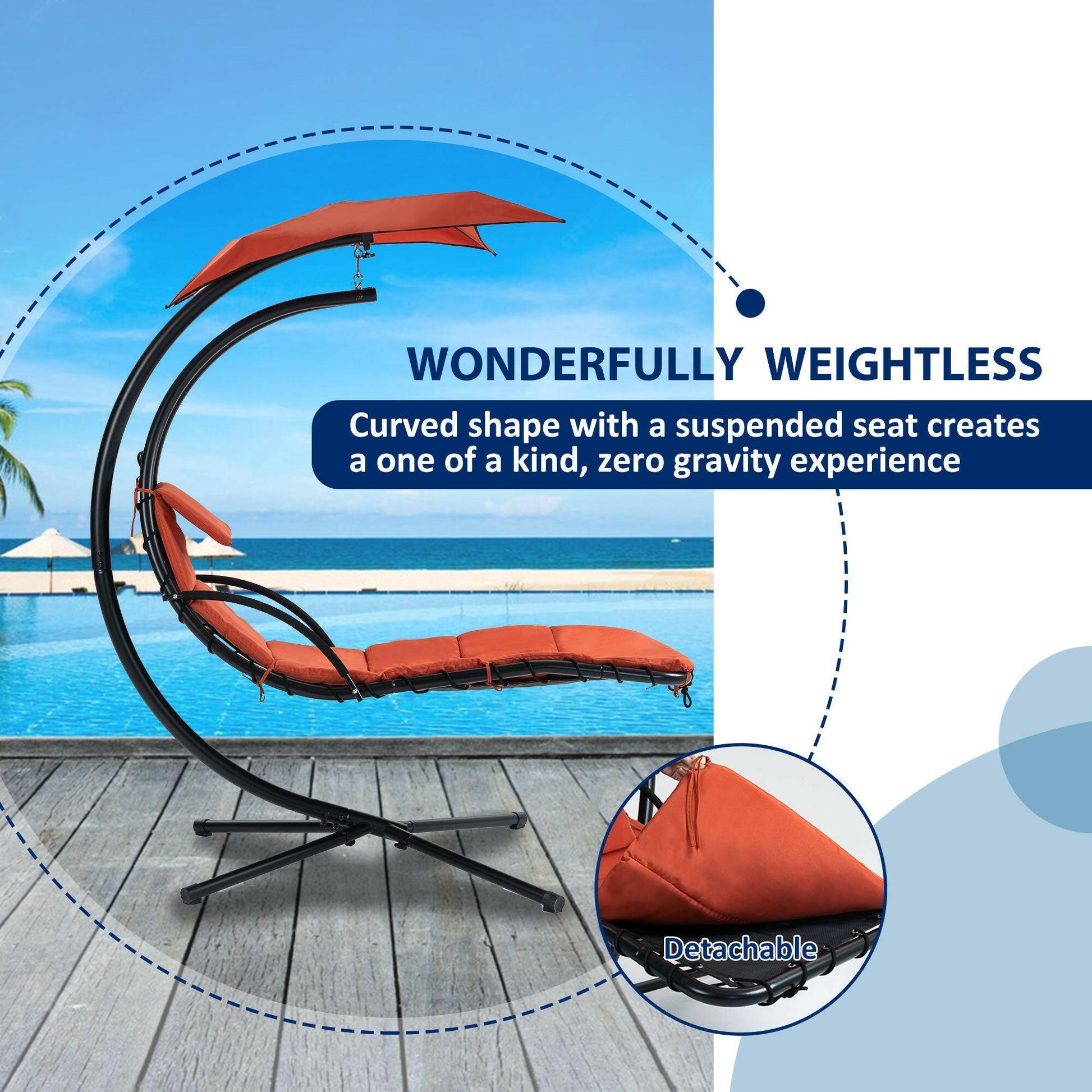 Hanging Chaise Lounger with Removable Canopy, Outdoor Swing Chair with Built-in Pillow, Hanging Curved Chaise Lounge Chair Swing for Patio Porch Poolside, Hammock Chair with Stand (Orange).