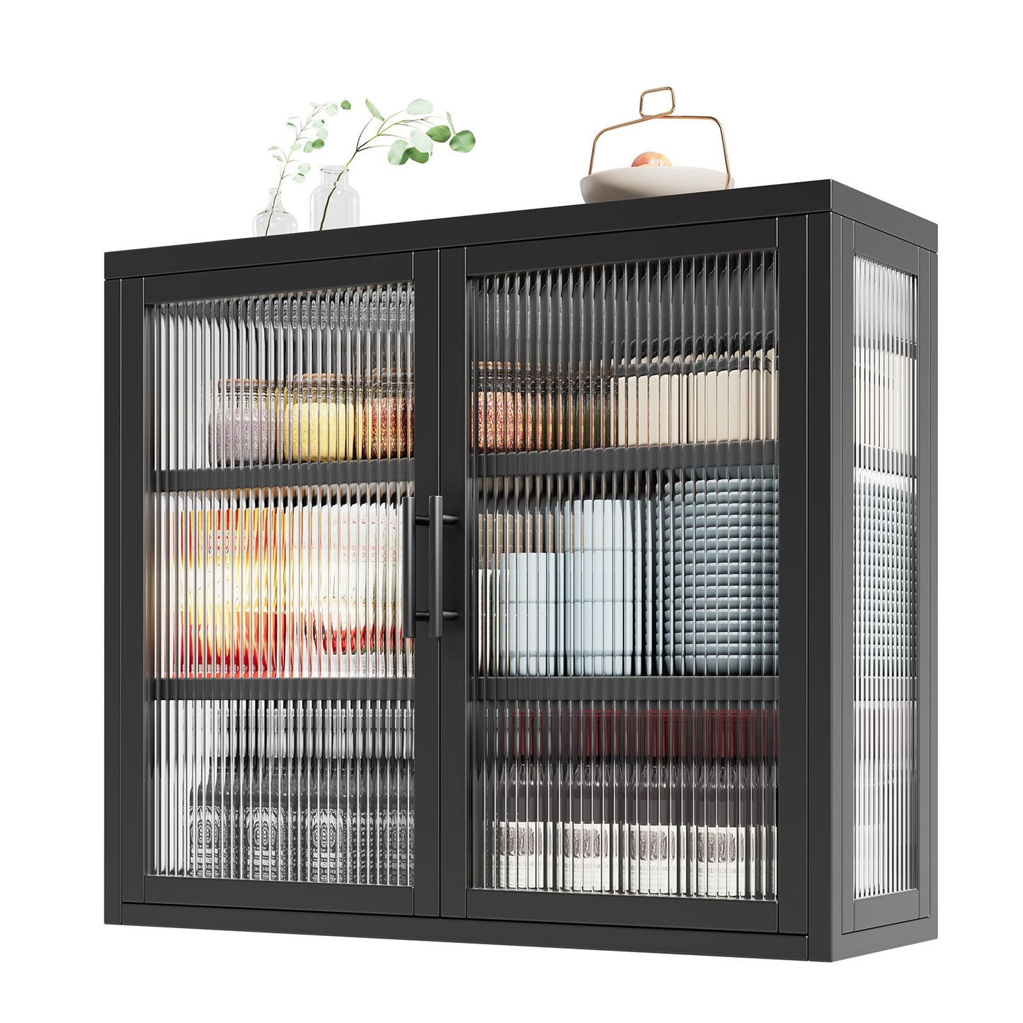 Retro Style Haze Double Glass Door Wall Cabinet With Detachable Shelves for Office, Dining Room,Living Room, Kitchen and Bathroom Black