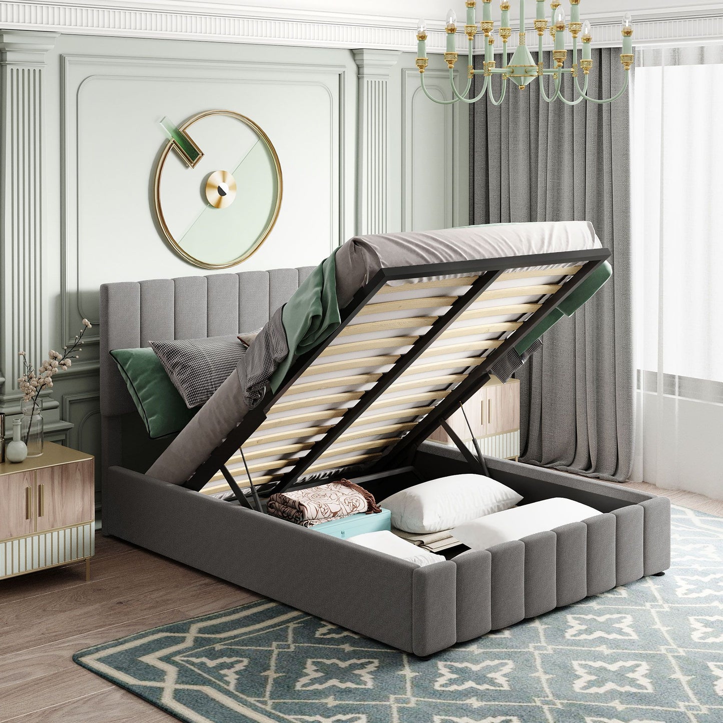 Full size Upholstered Platform bed with a Hydraulic Storage System