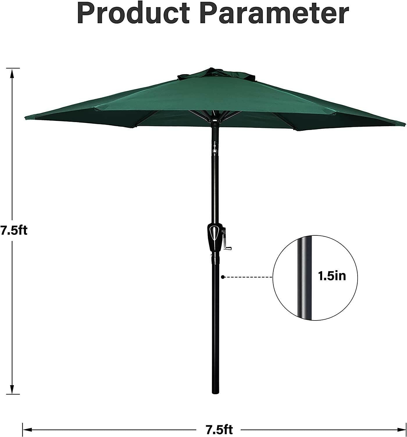 Simple Deluxe 7.5' Patio Outdoor Table Market Yard Umbrella with Push Button Tilt/Crank, 6 Sturdy Ribs for Garden, Deck, Backyard, Pool, 7.5ft, Green.