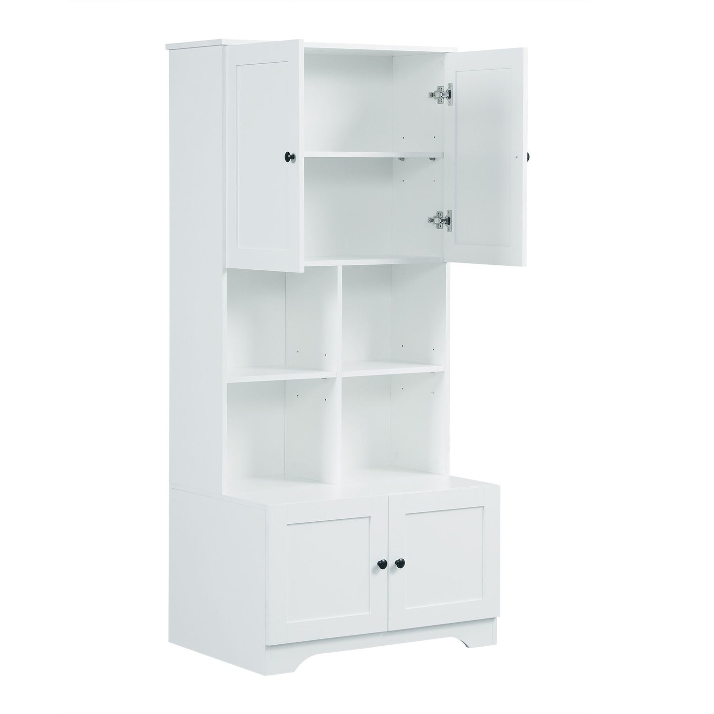 Bathroom Floor Storage Cabinet, Bathroom Storage Unit, Freestanding Cabinet with 4 Doors, Adjustable Shelves, Open multi-layer Shelves, White