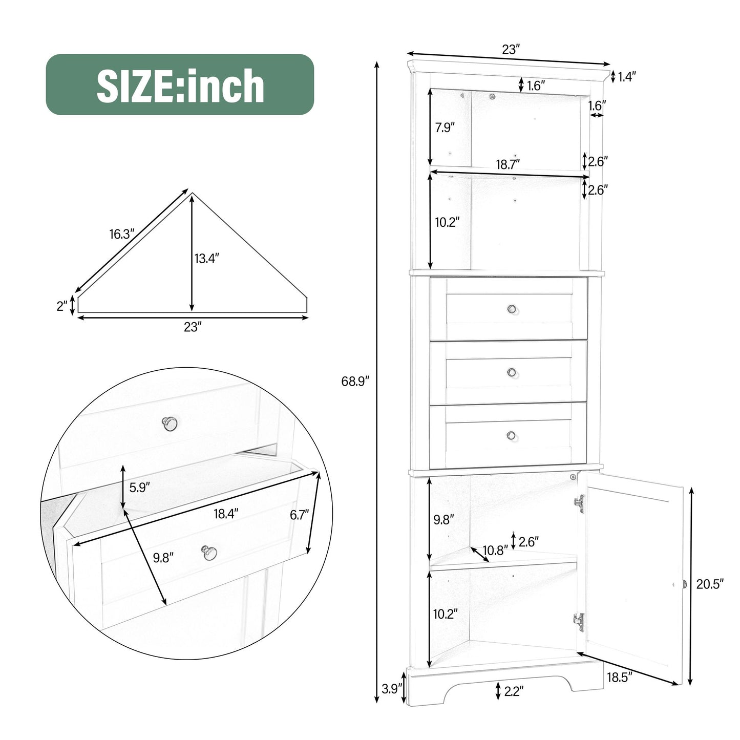 Triangle Tall Cabinet with 3 Drawers and Adjustable Shelves for Bathroom, Kitchen or Living Room, MDF Board with Painted Finish