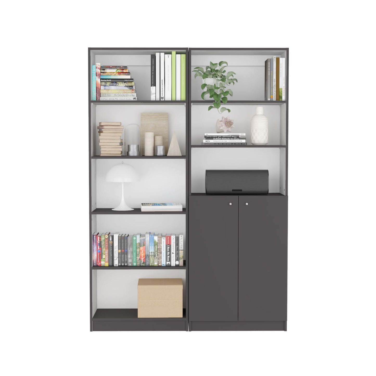 Layton 2 Piece Home Bookcase set, 49" Wide with 8 Shelves and Double Door Cabinet, Living Room Set Matte Gray - White