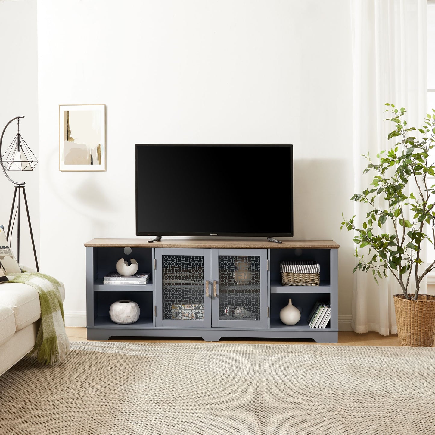 Modern Farmhouse Home Entertainment Console, for TV Up to 80'', with Open Shelves and Glass Door Cabinets, Light Blue and Light Oak, 70"W*15.55"D*26.85"H