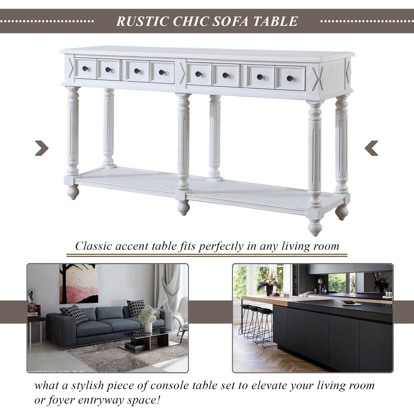 Retro Console Table Entryway Table 58" Long Sofa Table with 2 Drawers in Same Size and Bottom Shelf for Storage (Antique White)