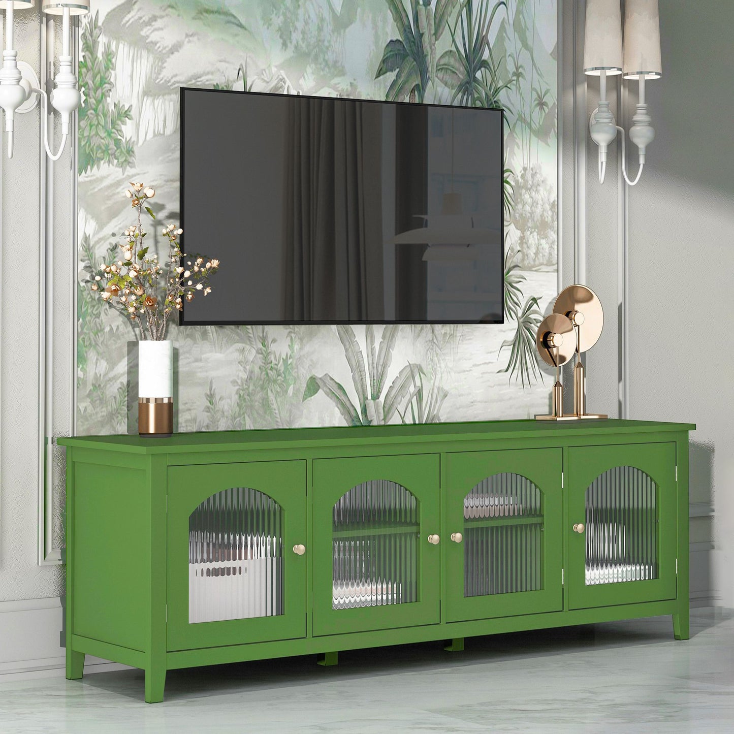 71-inch stylish TV cabinet,Entertainment CenterTV stand,TVConsoleTable, Media Console,solidwood frame,Changhong glass door,Metal handle,antique green,for the children's room,bedroom Living Room