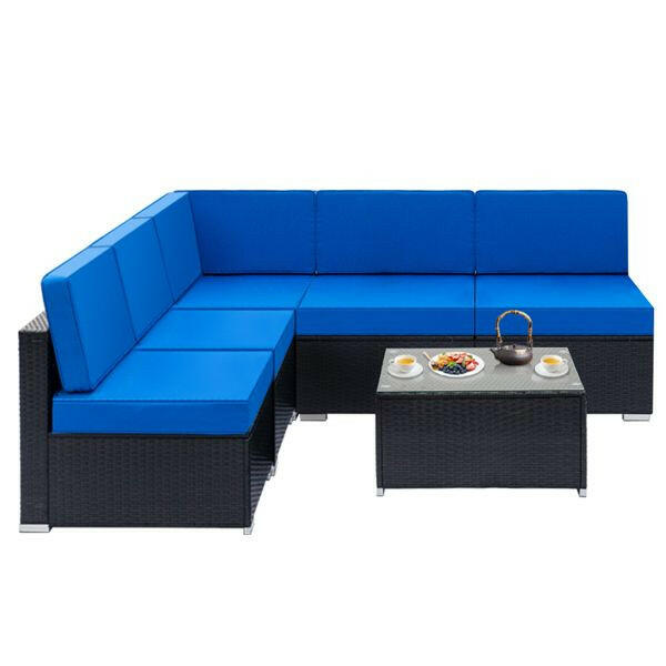 Fully Equipped Weaving Rattan Sofa Set with 2pcs Middle Sofas & 4pcs Single Sofas & 1 pc Coffee Table Black Embossed - Woven Rattan.