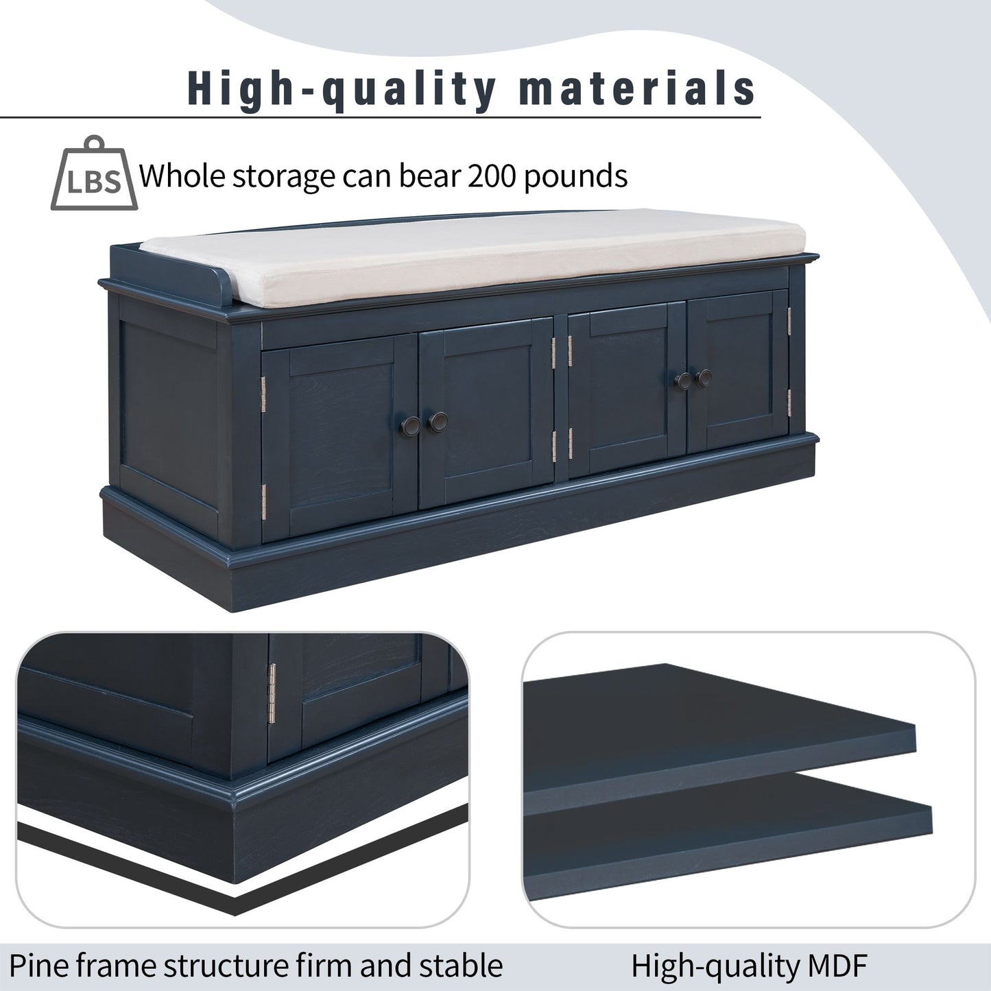 Storage Bench with 4 Doors and Adjustable Shelves,Shoe Bench with Removable Cushion for Living Room,Entryway