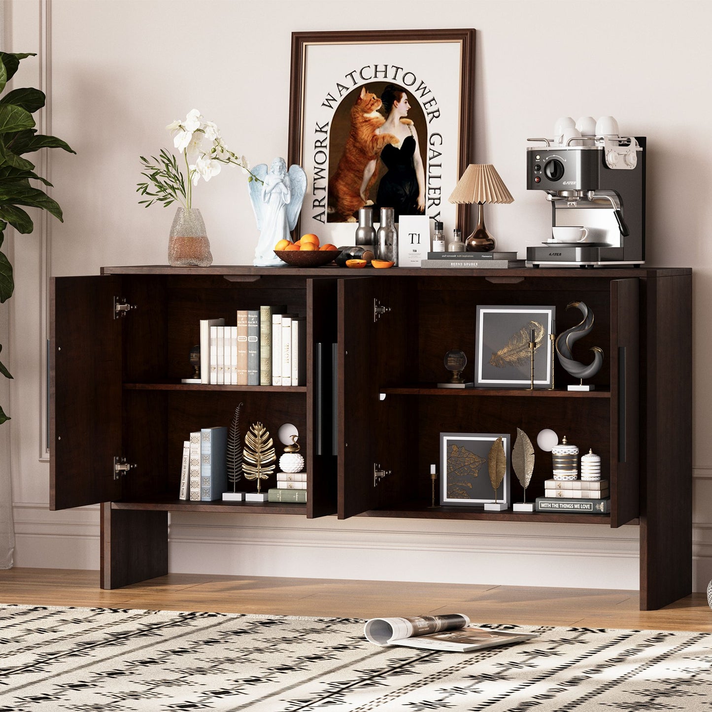 4-Door Large Storage Retro Sideboard with Adjustable Shelves and Long Handles for Kitchen,Dining Room and Living Room