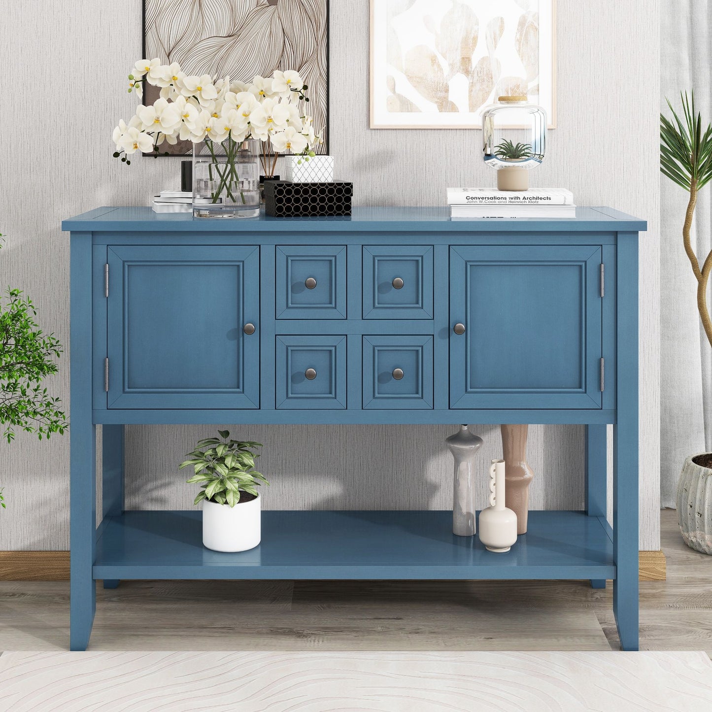 TREXM Cambridge Series Ample Storage Vintage Console Table with Four Small Drawers and Bottom Shelf for Living Rooms, Entrances and Kitchens (Light Navy, OLD SKU: WF190263AAH)