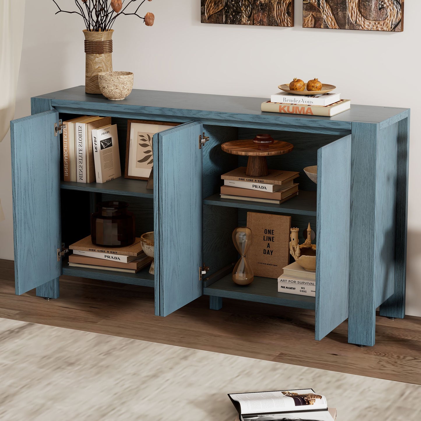 Retro 4-door Sideboard with Distressed Finish and Adjustable Shelves for Dining Room,Kitchen,and Living Room