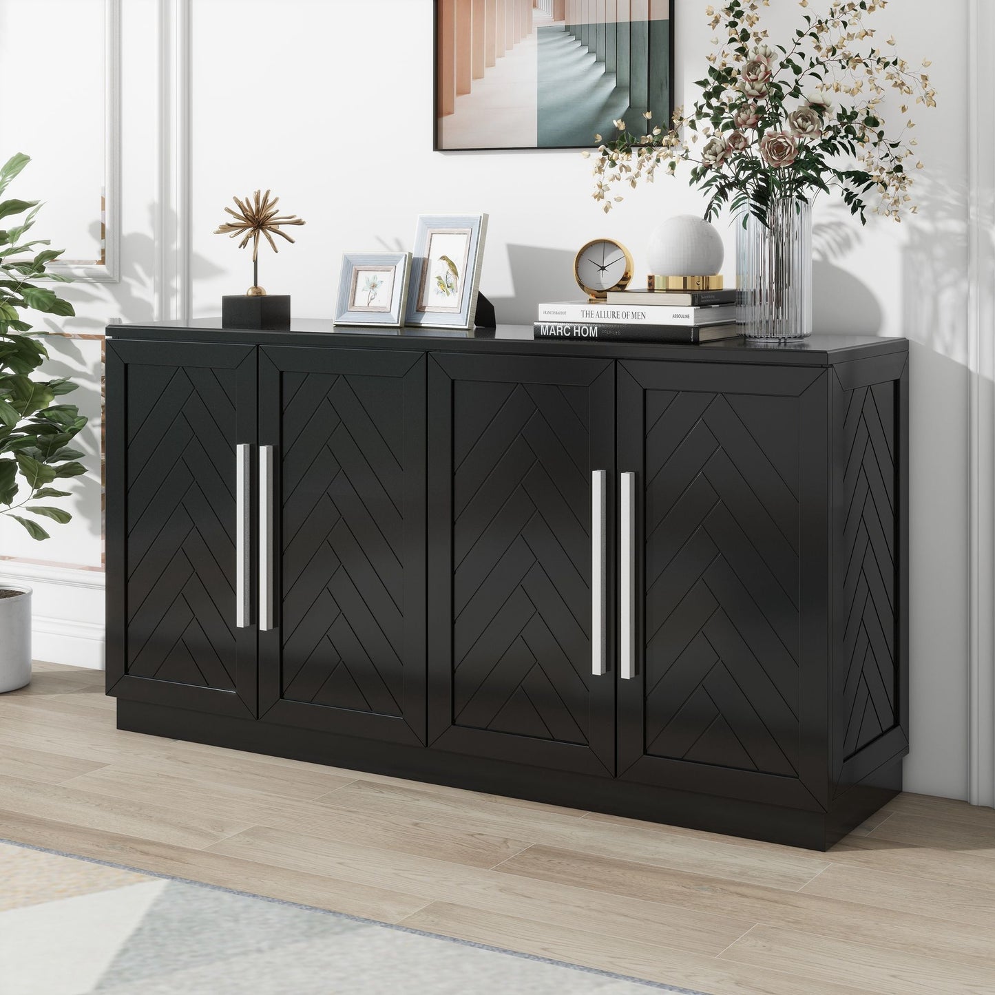 TREXM Sideboard 4 Doors Storage Buffet Cabinet with Adjustable Shelves and Silver Handles, Black