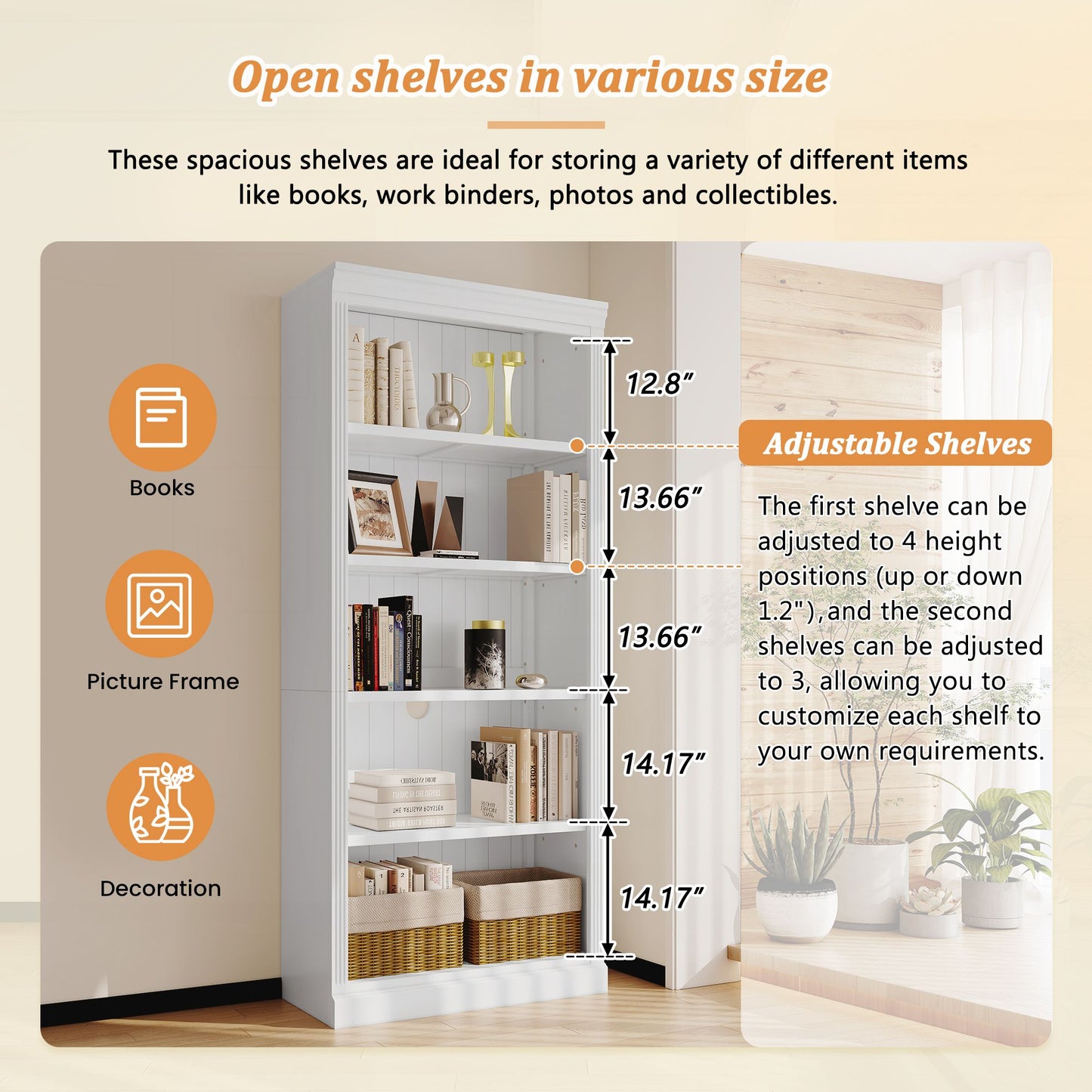 83" Tall Wood Bookcase Suite ,5-Tier Home Decor Bookshelves Suite with Adjustable Shelves,Storage Organizer for CDs/Books/Movies,Free Standing Storage Shelves Suite for Living Room,Office,White