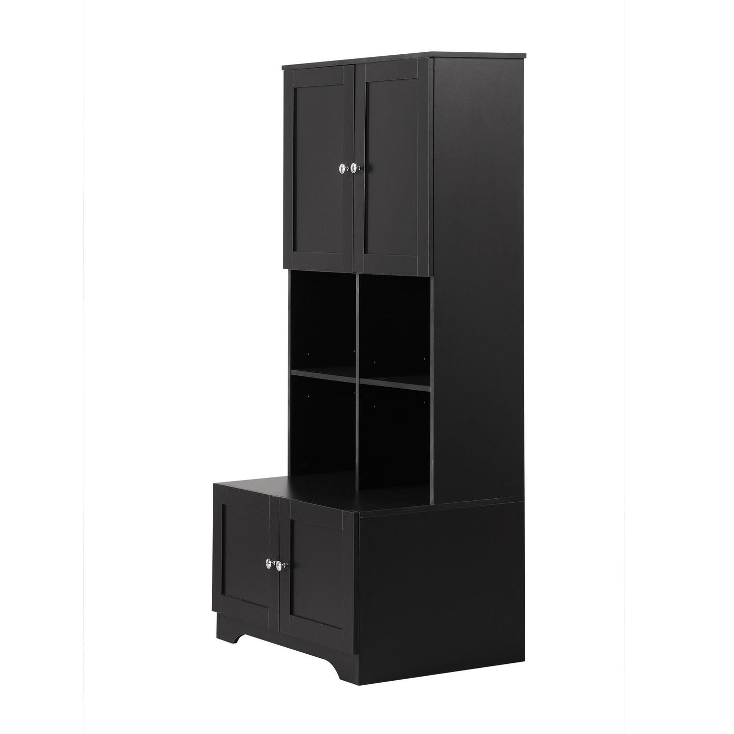 Bathroom Freestanding Cabinet with 4 Doors, Open multi-layer Shelves, Black