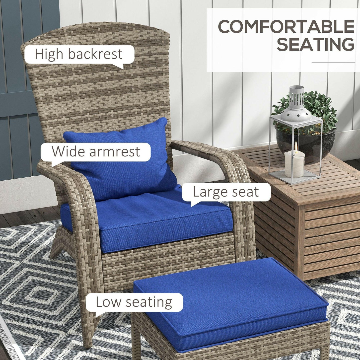 Outsunny Patio Wicker Adirondack Chair with Ottoman, Outdoor Fire Pit Chair with Cushions, High-Back, Large Seat & Armrests for Deck, Garden & Backyard, Dark Blue.