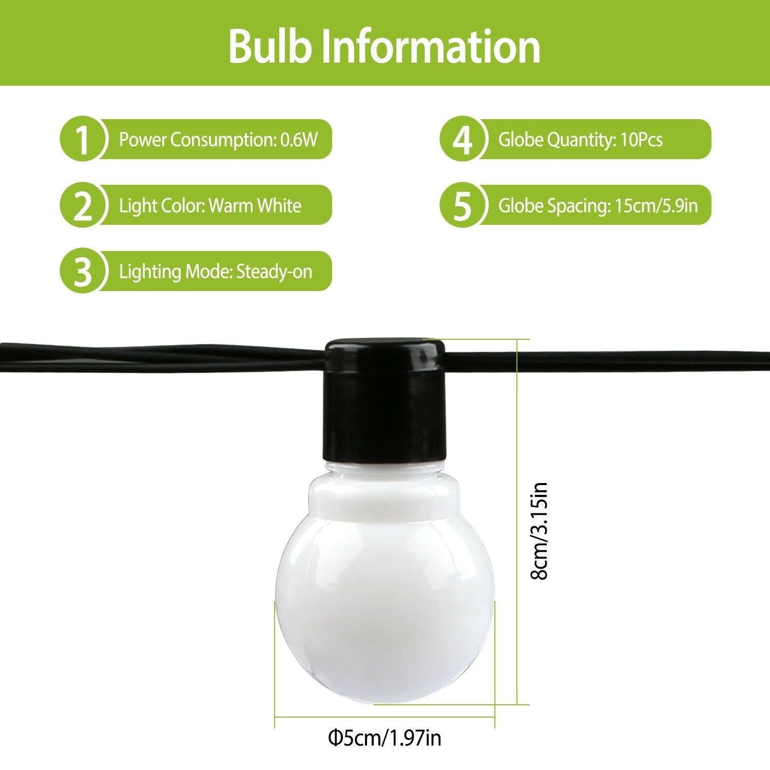 Plug-in Globe String Light Warm White Fairy Light Bulbs Outdoor Water Resistant.