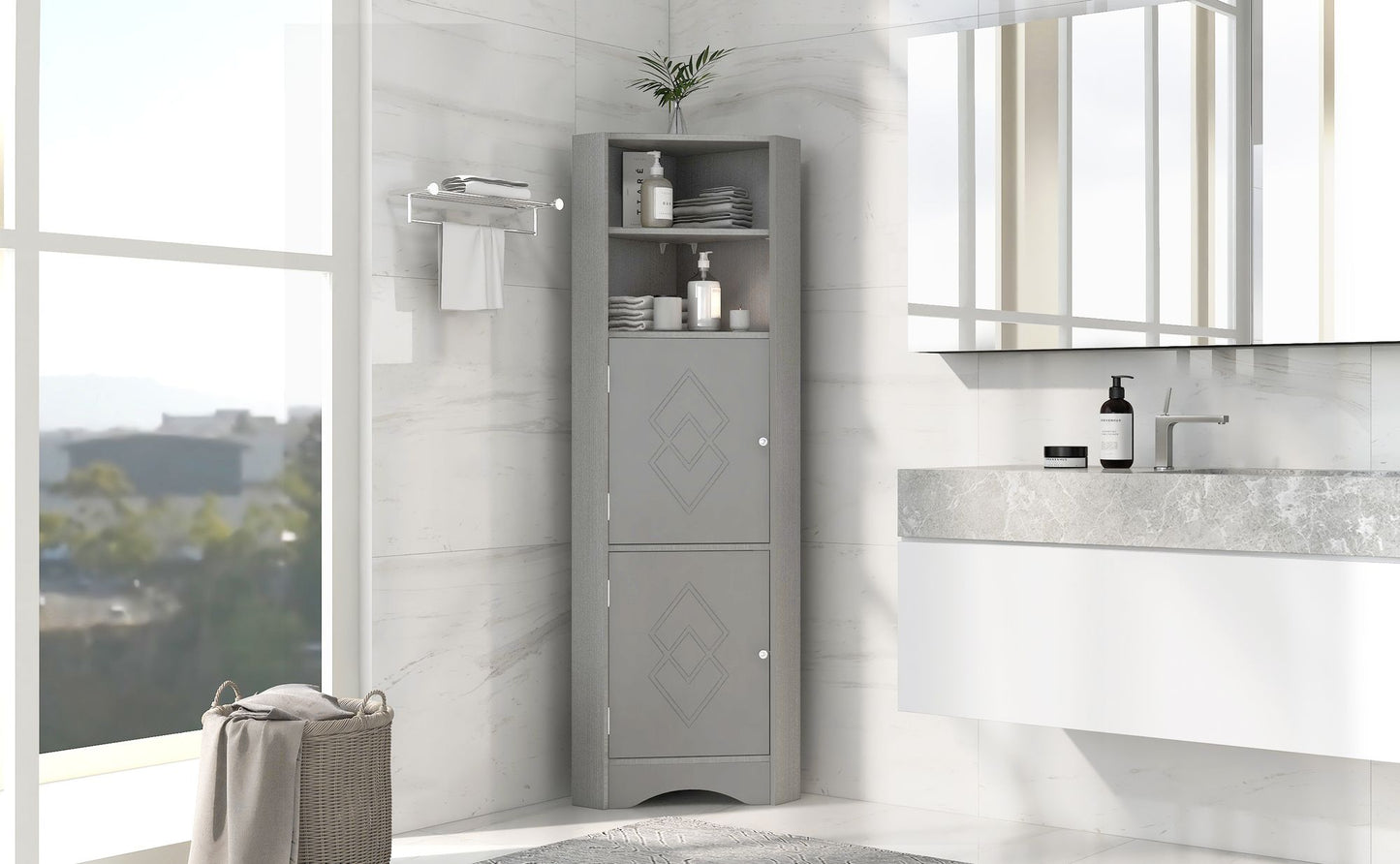 Tall Bathroom Corner Cabinet;  Freestanding Storage Cabinet with Doors and Adjustable Shelves;  MDF Board