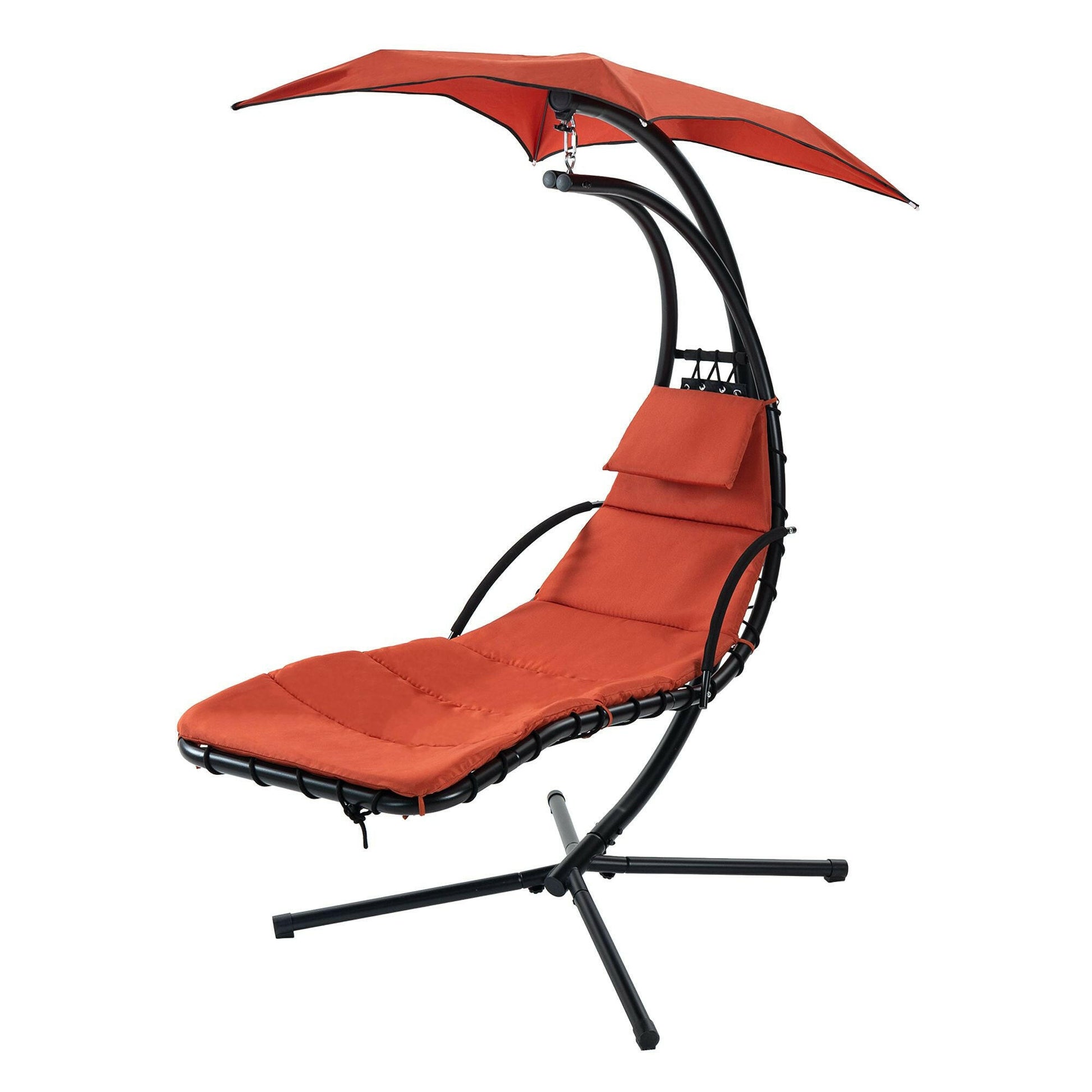 Hanging Chaise Lounger with Removable Canopy, Outdoor Swing Chair with Built-in Pillow, Hanging Curved Chaise Lounge Chair Swing for Patio Porch Poolside, Hammock Chair with Stand (Orange).